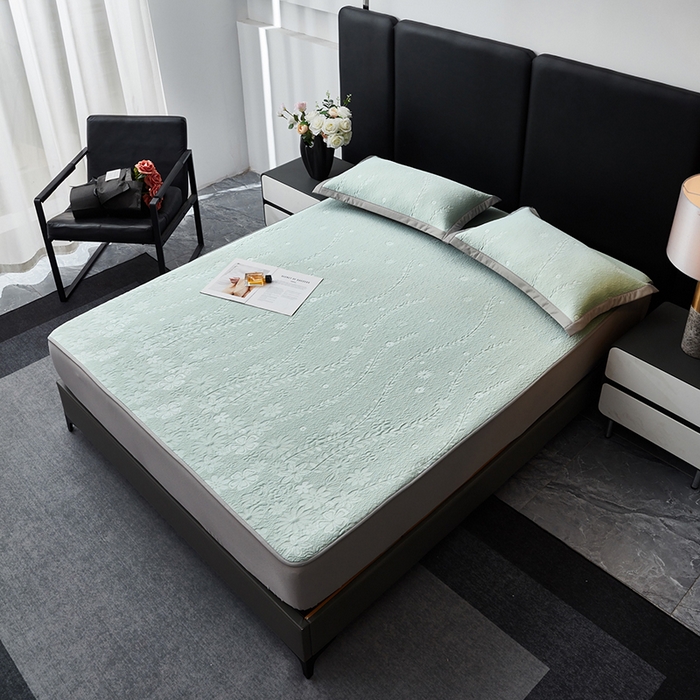 91家纺网 家纺一手货源 找家纺 库里梦家纺 2026新款轻奢高克重复合PE高分子凉席床笠三件套-简卉 简卉-绿色床笠款