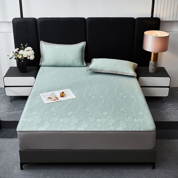 91家纺网 家纺一手货源 找家纺 库里梦家纺 2026新款轻奢高克重复合PE高分子凉席床笠三件套-简卉 简卉-绿色床笠款