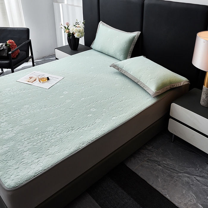 91家纺网 家纺一手货源 找家纺 库里梦家纺 2026新款轻奢高克重复合PE高分子凉席床笠三件套-简卉 简卉-绿色床笠款