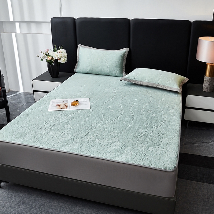 91家纺网 家纺一手货源 找家纺 库里梦家纺 2026新款轻奢高克重复合PE高分子凉席床笠三件套-简卉 简卉-绿色床笠款