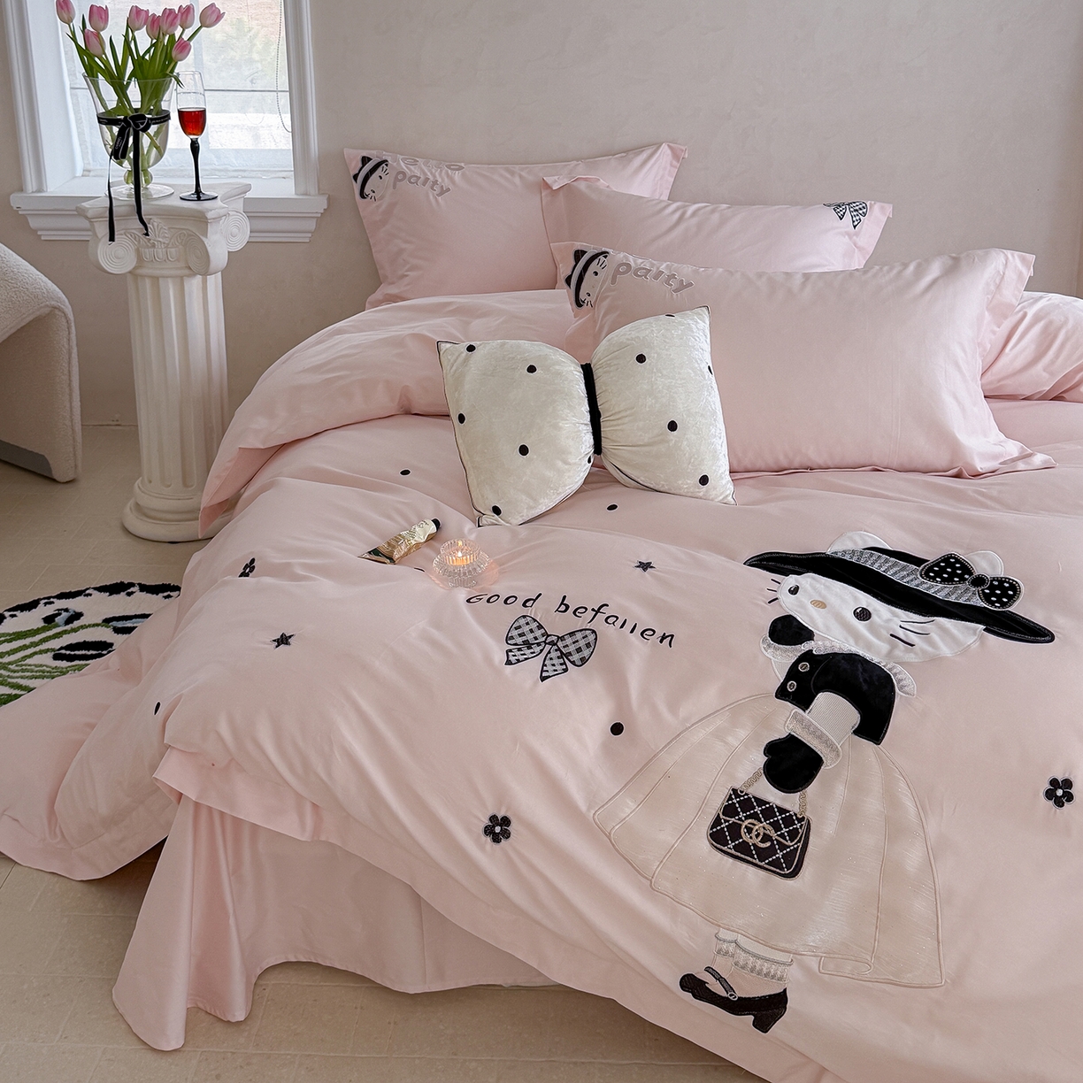 91家纺网 家纺一手货源 找家纺 东方合美（原：皇家传奇） 2026新款全棉长绒棉卡通贴布绣四件套-喵喵小香风 喵喵小香风-粉