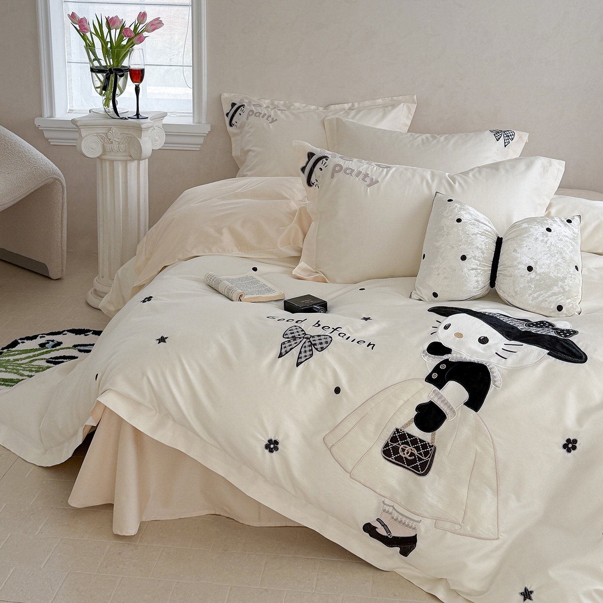 91家纺网 家纺一手货源 找家纺 东方合美（原：皇家传奇） 2026新款全棉长绒棉卡通贴布绣四件套-喵喵小香风 喵喵小香风-白