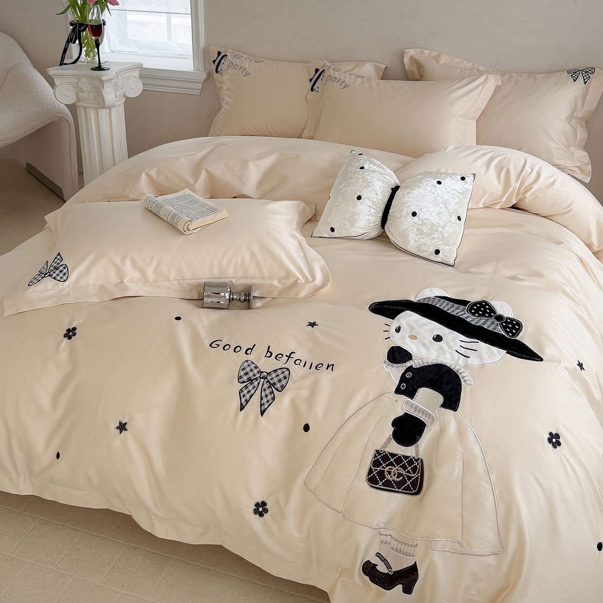 东方合美（原：皇家传奇） 2026新款全棉长绒棉卡通贴布绣四件套-喵喵小香风 喵喵小香风-米色