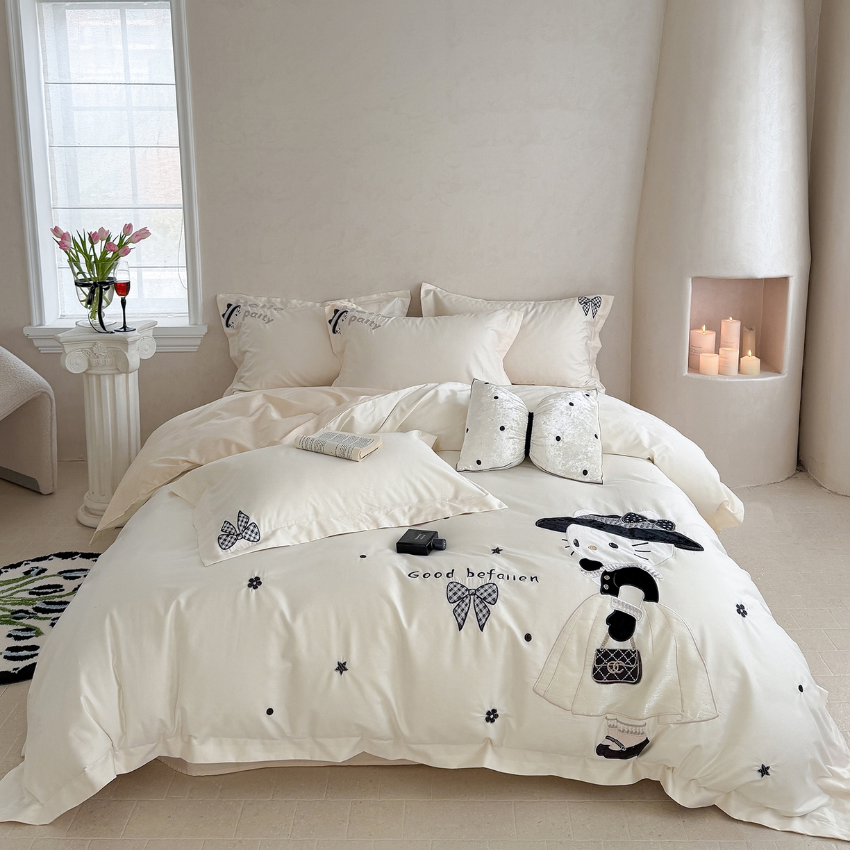 91家纺网 家纺一手货源 找家纺 东方合美（原：皇家传奇） 2026新款全棉长绒棉卡通贴布绣四件套-喵喵小香风 喵喵小香风-白