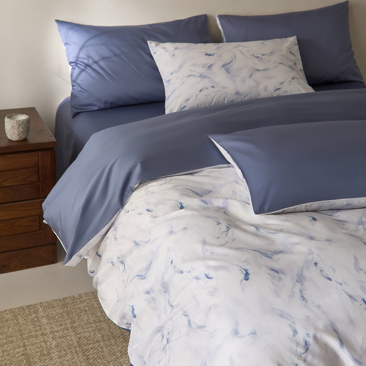 91家纺网 家纺一手货源 找家纺 （总）ONE TWO ONE 121 2026新款专版数码印花100s长绒棉纯棉全棉床上用品四件套-听潮絮语-海蓝