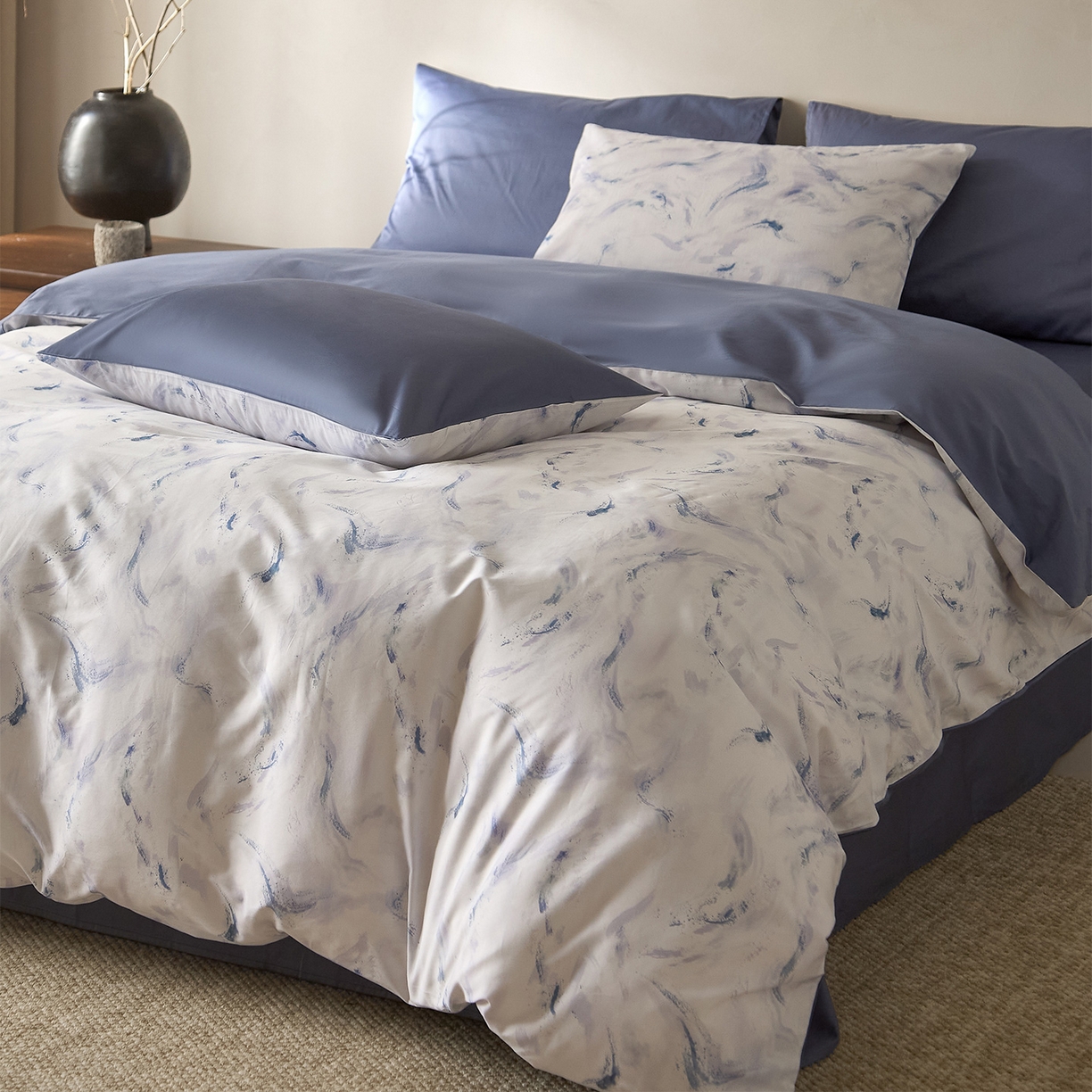 91家纺网 家纺一手货源 找家纺 （总）ONE TWO ONE 121 2026新款专版数码印花100s长绒棉纯棉全棉床上用品四件套-听潮絮语-海蓝