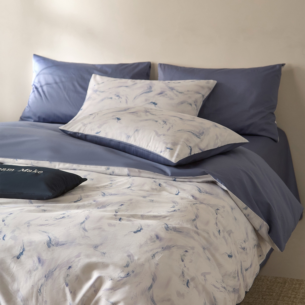 91家纺网 家纺一手货源 找家纺 （总）ONE TWO ONE 121 2026新款专版数码印花100s长绒棉纯棉全棉床上用品四件套-听潮絮语-海蓝