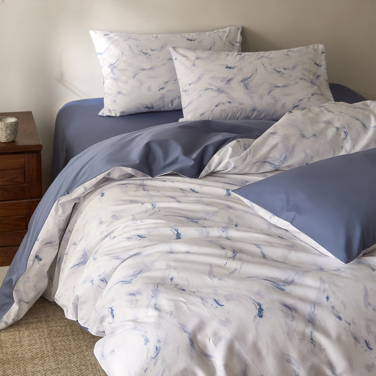 （总）ONE TWO ONE 121 2026新款专版数码印花100s长绒棉纯棉全棉床上用品四件套-听潮絮语-海蓝