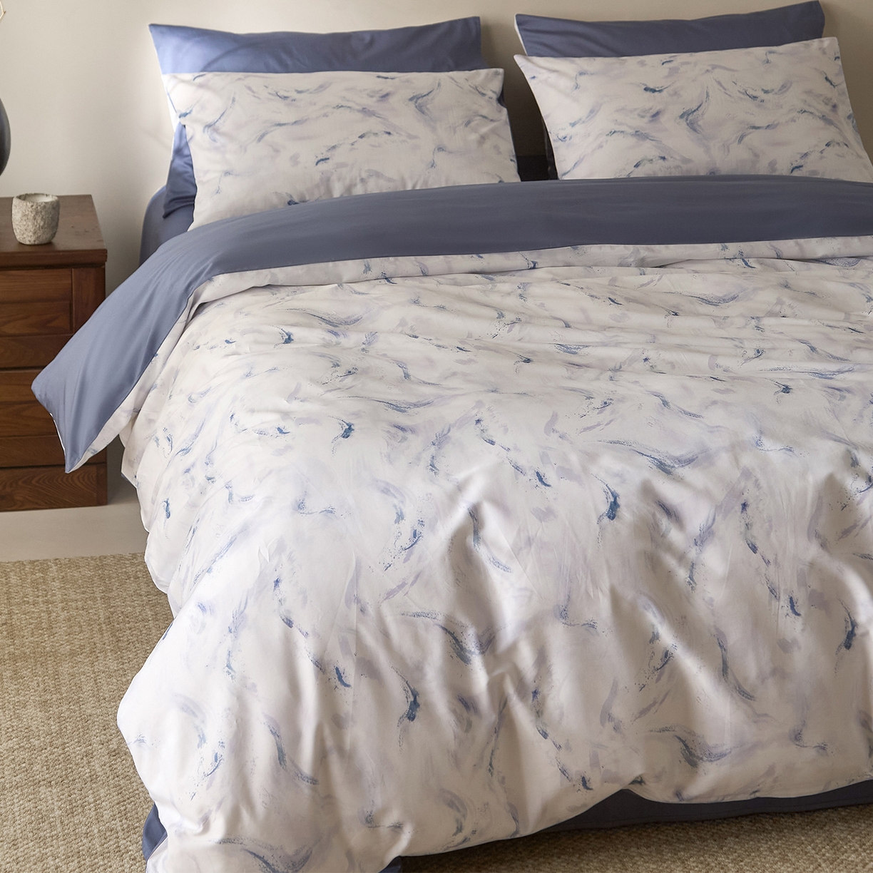 91家纺网 家纺一手货源 找家纺 （总）ONE TWO ONE 121 2026新款专版数码印花100s长绒棉纯棉全棉床上用品四件套-听潮絮语-海蓝