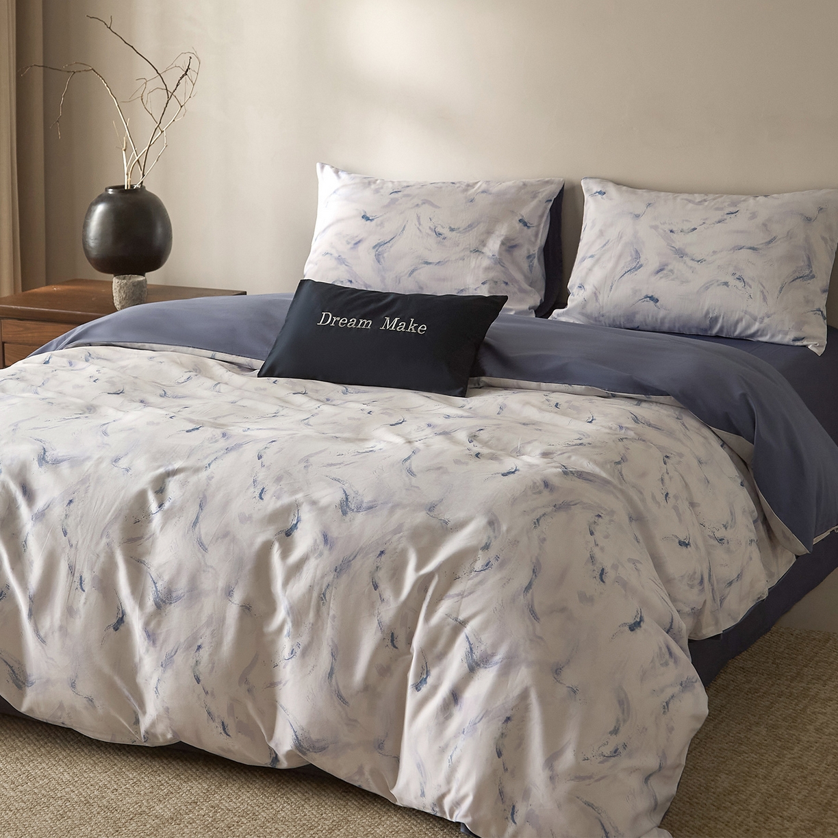 91家纺网 家纺一手货源 找家纺 （总）ONE TWO ONE 121 2026新款专版数码印花100s长绒棉纯棉全棉床上用品四件套-听潮絮语-海蓝