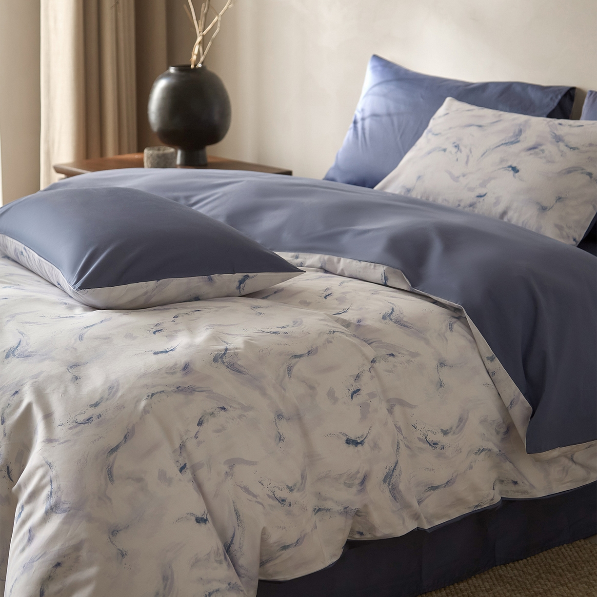 91家纺网 家纺一手货源 找家纺 （总）ONE TWO ONE 121 2026新款专版数码印花100s长绒棉纯棉全棉床上用品四件套-听潮絮语-海蓝