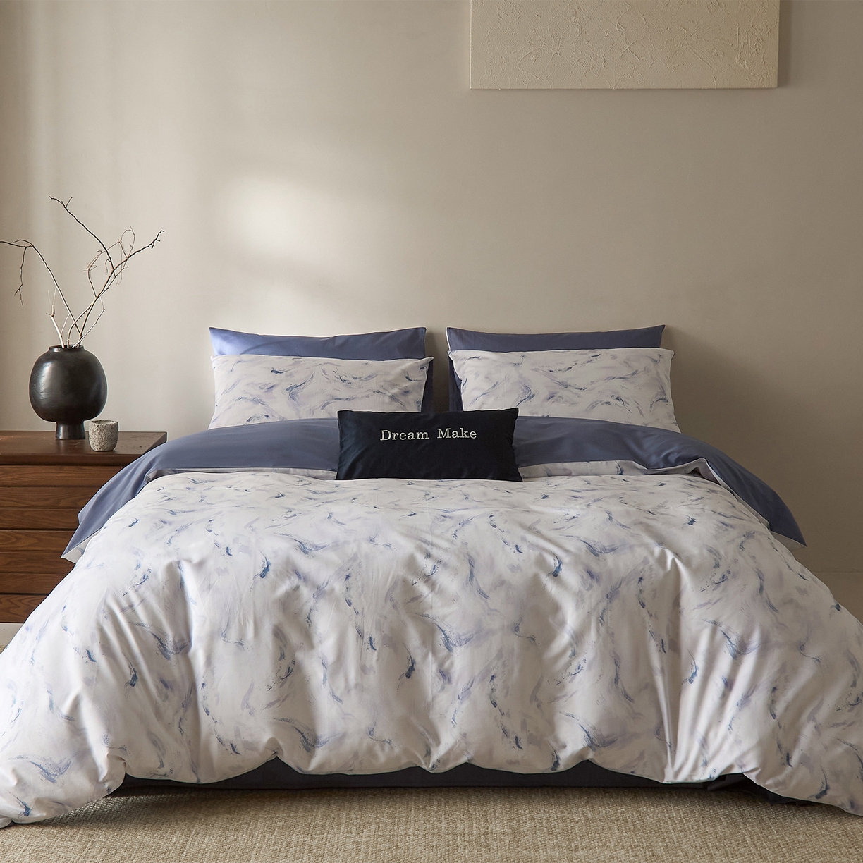 91家纺网 家纺一手货源 找家纺 （总）ONE TWO ONE 121 2026新款专版数码印花100s长绒棉纯棉全棉床上用品四件套-听潮絮语-海蓝