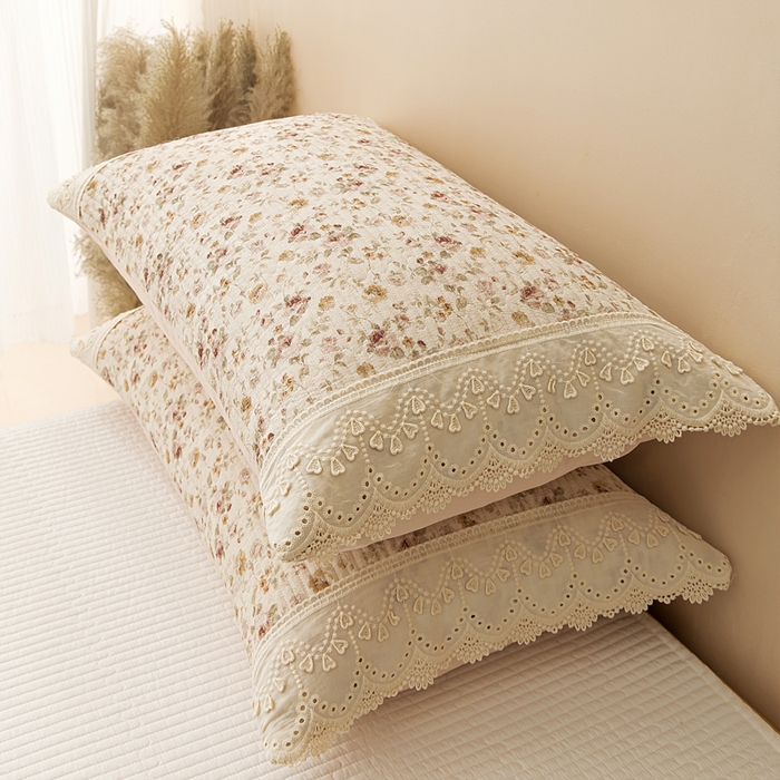 91家纺网 家纺一手货源 找家纺 恩和家纺 2026新款棉麻蕾丝碎花床盖 香槟玫瑰