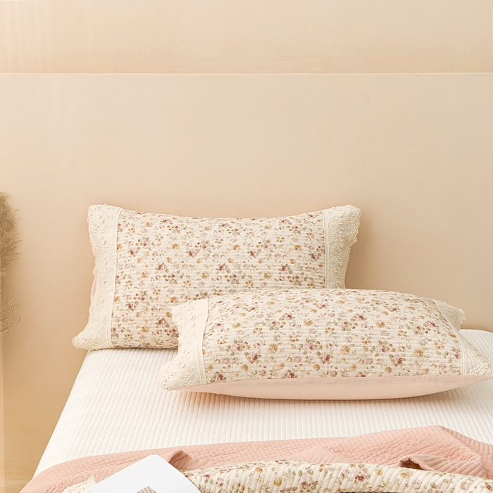 91家纺网 家纺一手货源 找家纺 恩和家纺 2026新款棉麻蕾丝碎花床盖 香槟玫瑰