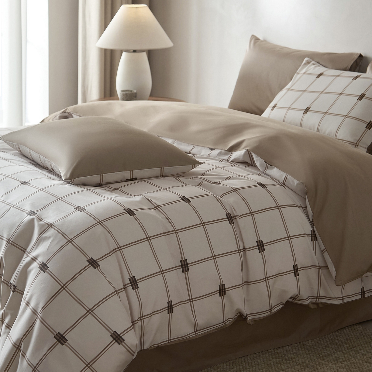 91家纺网 家纺一手货源 找家纺 （总）ONE TWO ONE 121 2026新款专版数码印花100s长绒棉纯棉全棉床上用品四件套-罗曼格纹-金