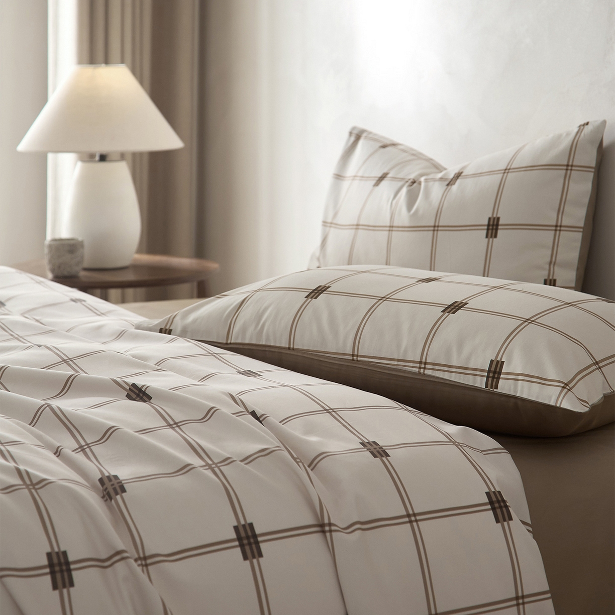 91家纺网 家纺一手货源 找家纺 （总）ONE TWO ONE 121 2026新款专版数码印花100s长绒棉纯棉全棉床上用品四件套-罗曼格纹-金