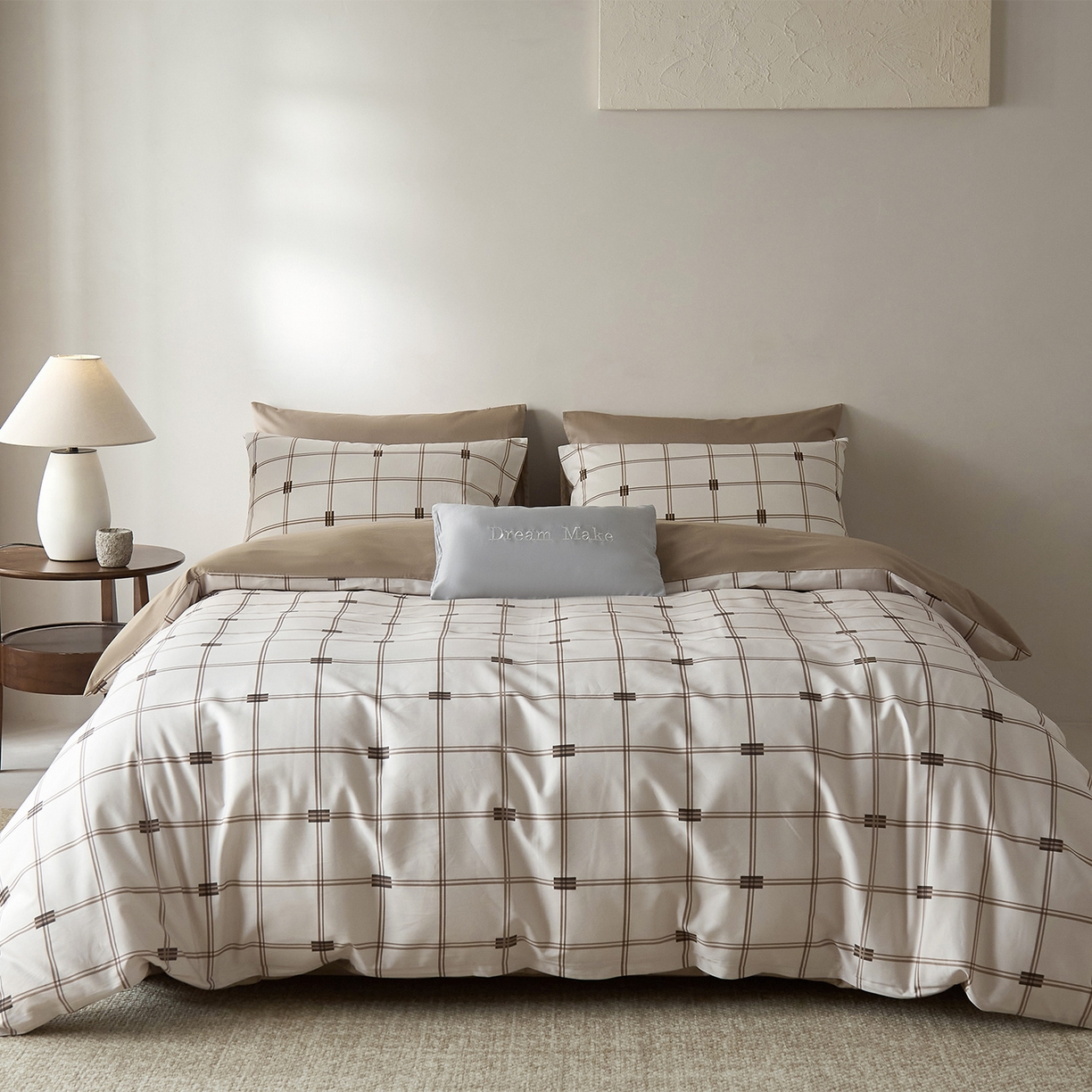 91家纺网 家纺一手货源 找家纺 （总）ONE TWO ONE 121 2026新款专版数码印花100s长绒棉纯棉全棉床上用品四件套-罗曼格纹-金