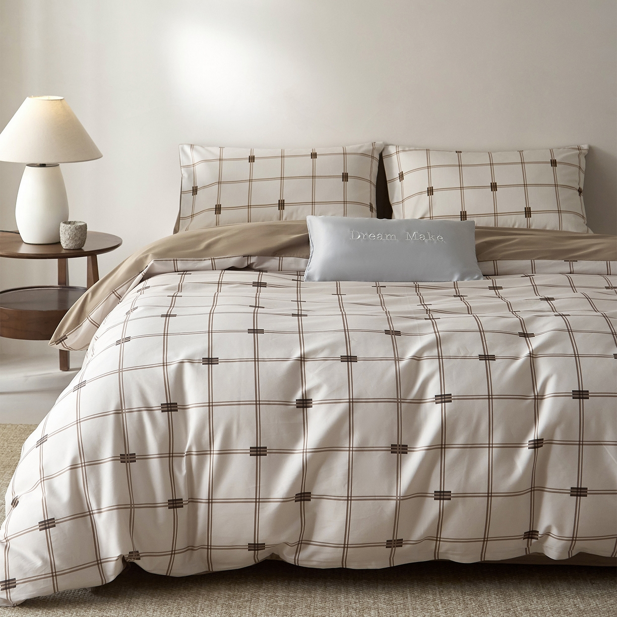 91家纺网 家纺一手货源 找家纺 （总）ONE TWO ONE 121 2026新款专版数码印花100s长绒棉纯棉全棉床上用品四件套-罗曼格纹-金