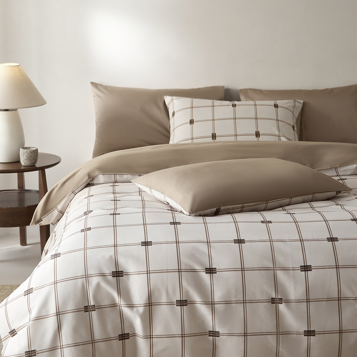 91家纺网 家纺一手货源 找家纺 （总）ONE TWO ONE 121 2026新款专版数码印花100s长绒棉纯棉全棉床上用品四件套-罗曼格纹-金