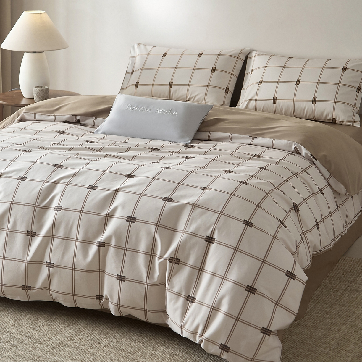 91家纺网 家纺一手货源 找家纺 （总）ONE TWO ONE 121 2026新款专版数码印花100s长绒棉纯棉全棉床上用品四件套-罗曼格纹-金