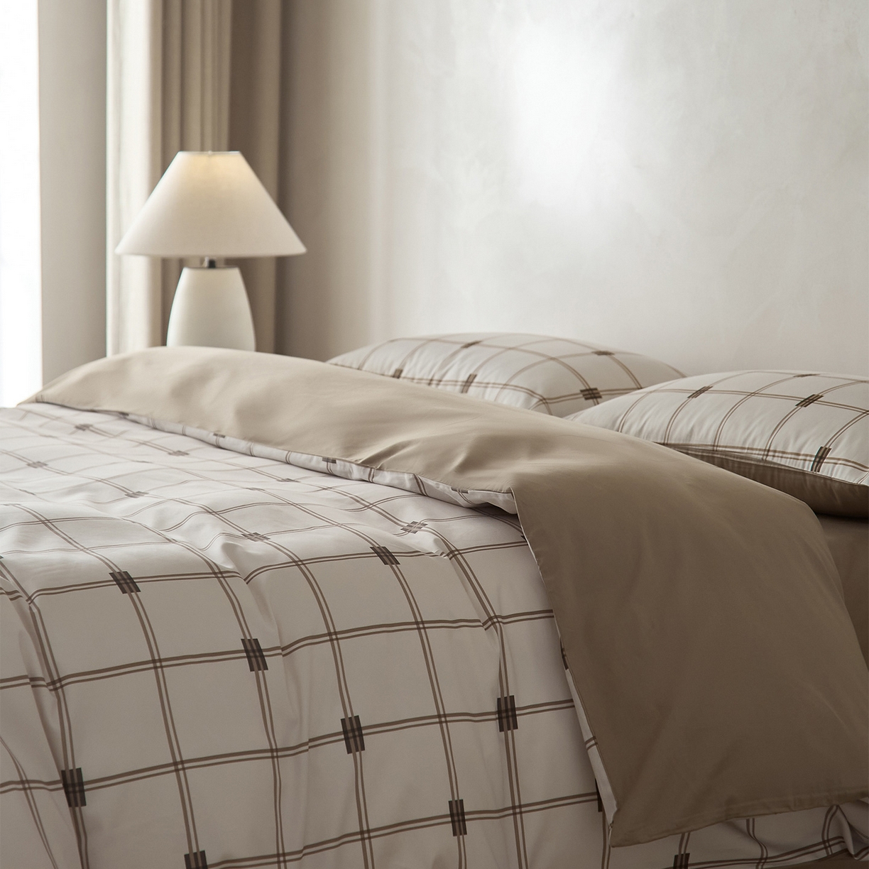 91家纺网 家纺一手货源 找家纺 （总）ONE TWO ONE 121 2026新款专版数码印花100s长绒棉纯棉全棉床上用品四件套-罗曼格纹-金