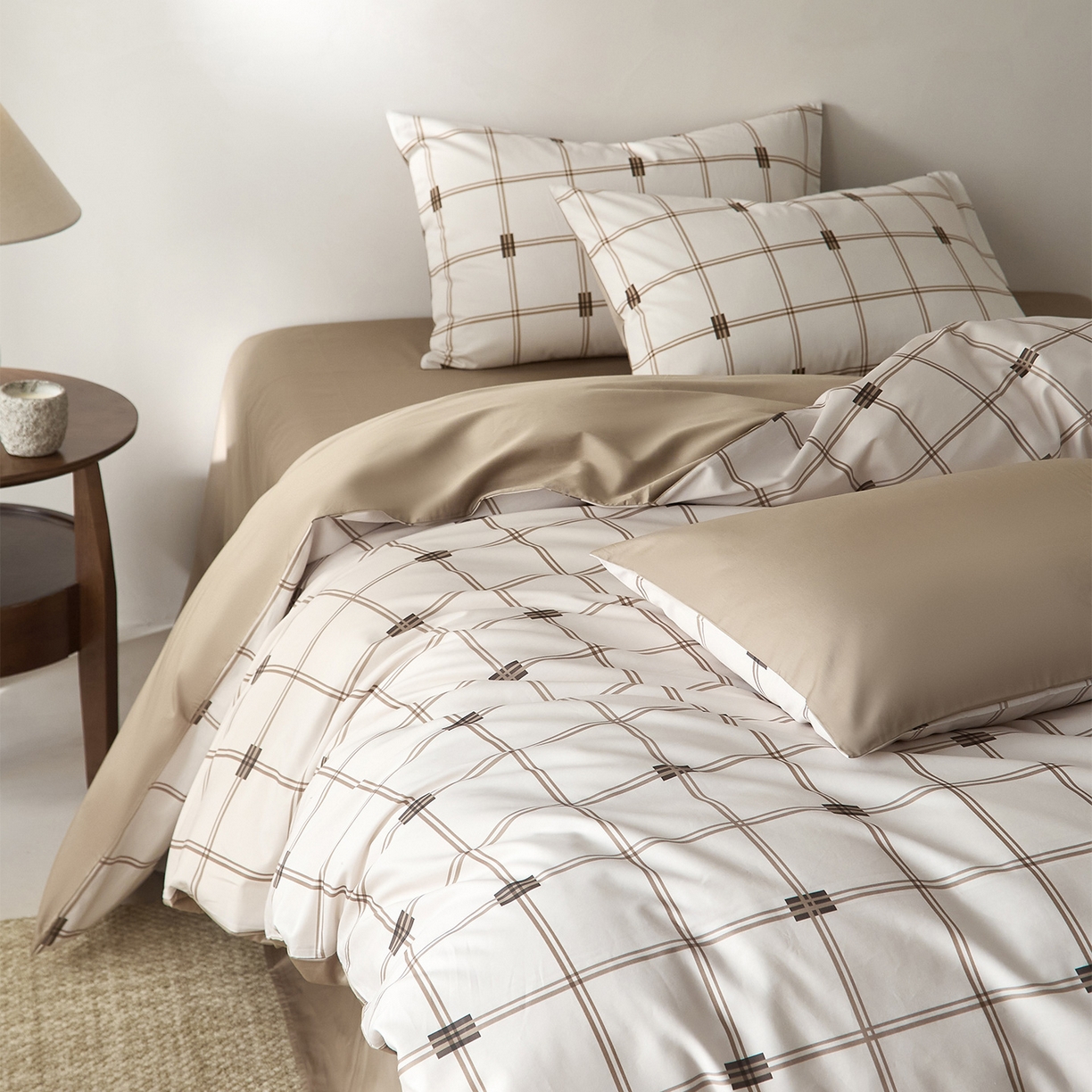 91家纺网 家纺一手货源 找家纺 （总）ONE TWO ONE 121 2026新款专版数码印花100s长绒棉纯棉全棉床上用品四件套-罗曼格纹-金