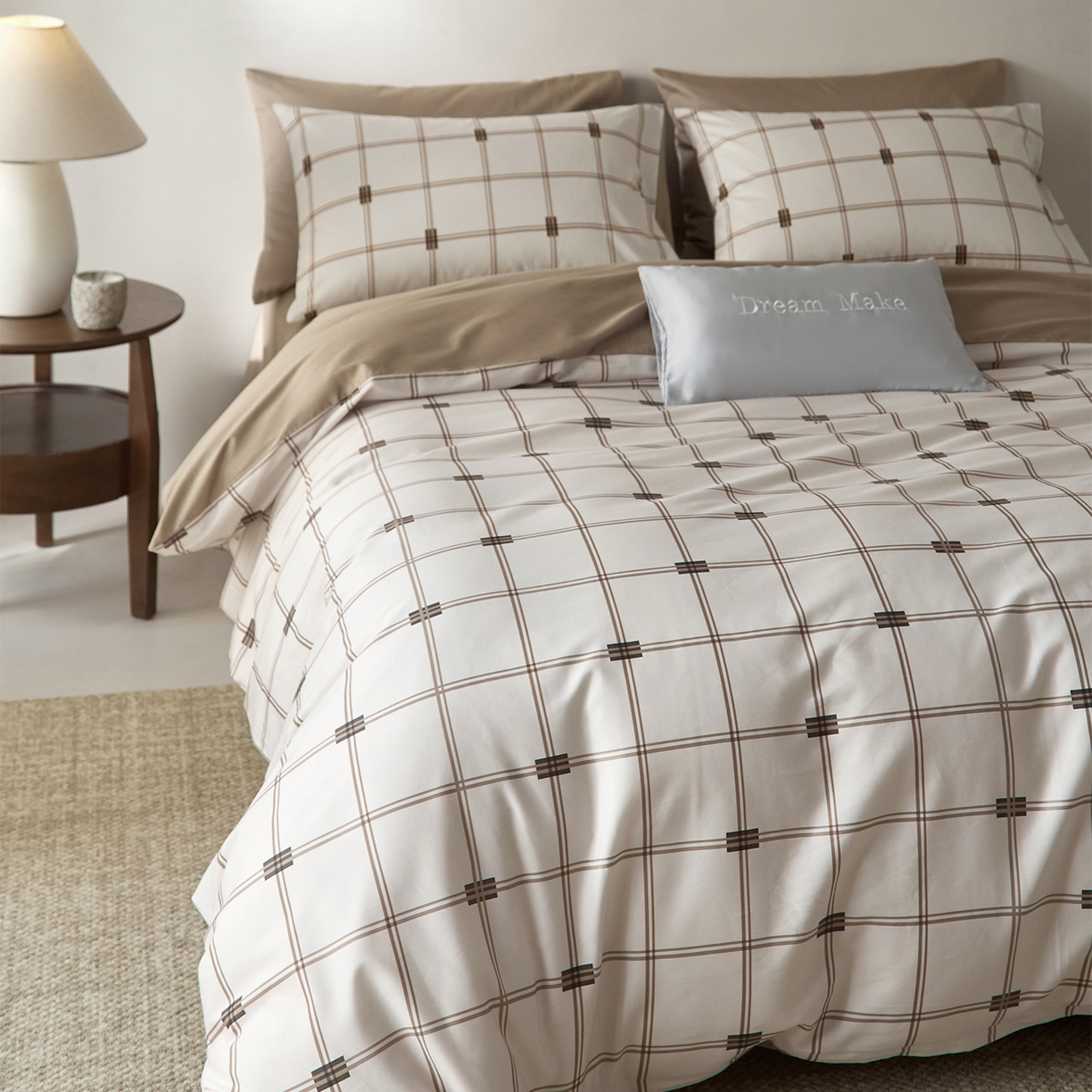 91家纺网 家纺一手货源 找家纺 （总）ONE TWO ONE 121 2026新款专版数码印花100s长绒棉纯棉全棉床上用品四件套-罗曼格纹-金