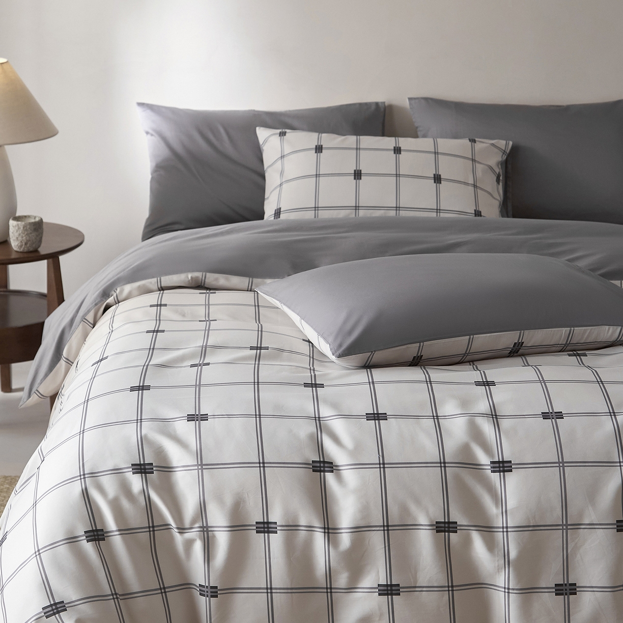 91家纺网 家纺一手货源 找家纺 （总）ONE TWO ONE 121 2026新款专版数码印花100s长绒棉纯棉全棉床上用品四件套-罗曼格纹灰