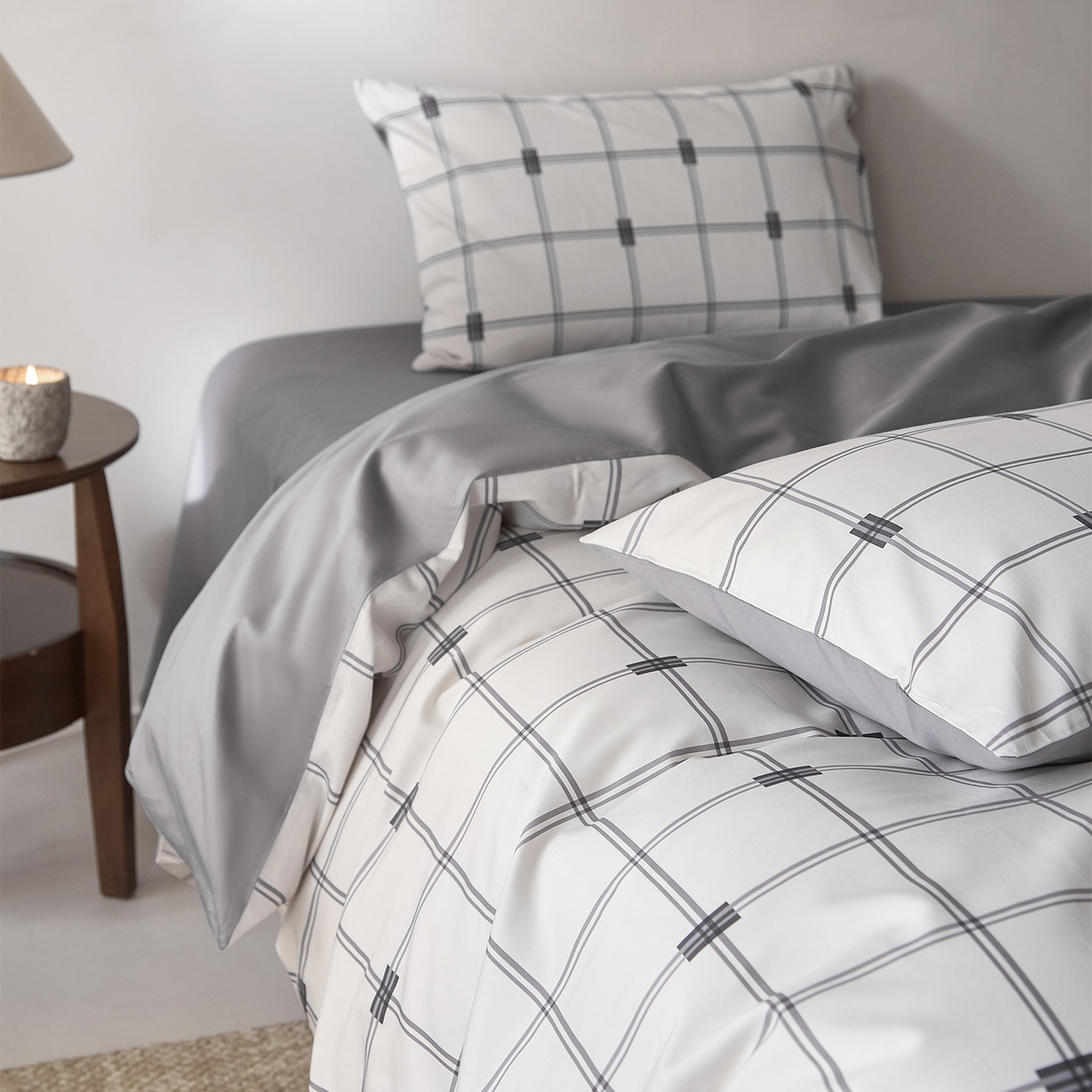 91家纺网 家纺一手货源 找家纺 （总）ONE TWO ONE 121 2026新款专版数码印花100s长绒棉纯棉全棉床上用品四件套-罗曼格纹灰