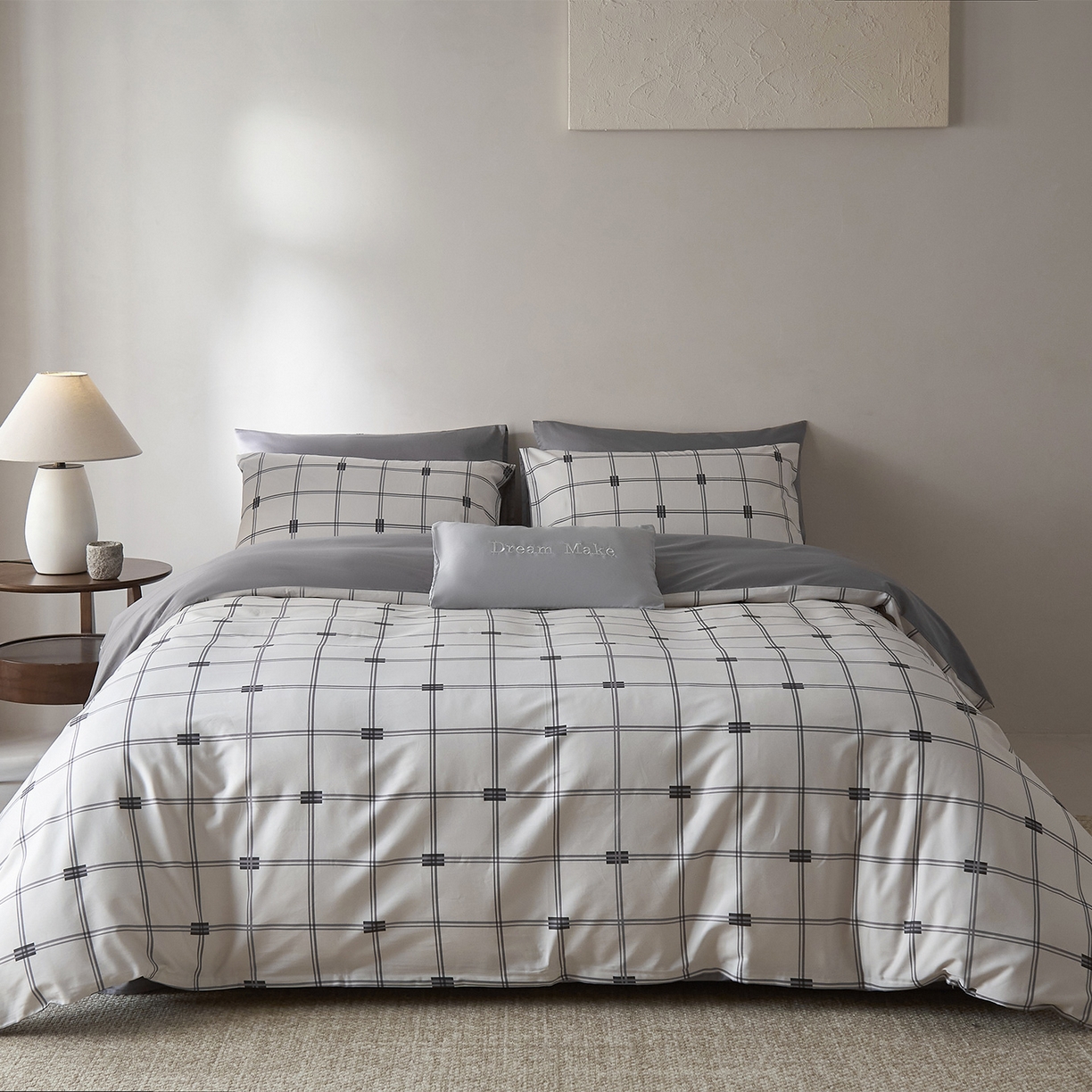 91家纺网 家纺一手货源 找家纺 （总）ONE TWO ONE 121 2026新款专版数码印花100s长绒棉纯棉全棉床上用品四件套-罗曼格纹灰