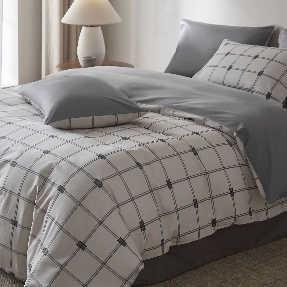 91家纺网 家纺一手货源 找家纺 （总）ONE TWO ONE 121 2026新款专版数码印花100s长绒棉纯棉全棉床上用品四件套-罗曼格纹灰