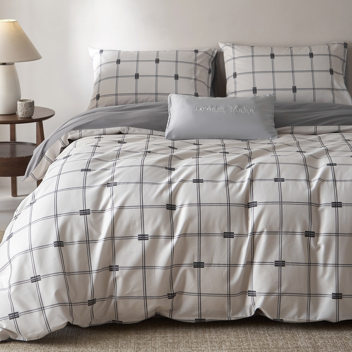 91家纺网 家纺一手货源 找家纺 （总）ONE TWO ONE 121 2026新款专版数码印花100s长绒棉纯棉全棉床上用品四件套-罗曼格纹灰