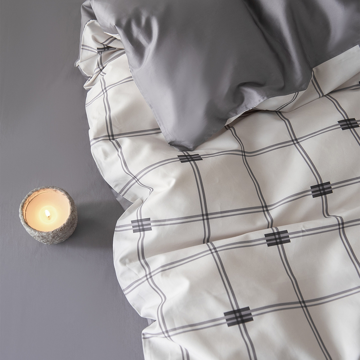 91家纺网 家纺一手货源 找家纺 （总）ONE TWO ONE 121 2026新款专版数码印花100s长绒棉纯棉全棉床上用品四件套-罗曼格纹灰