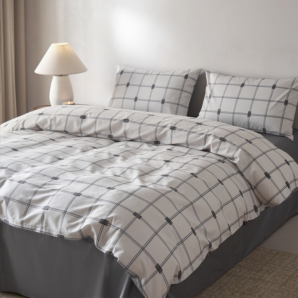 91家纺网 家纺一手货源 找家纺 （总）ONE TWO ONE 121 2026新款专版数码印花100s长绒棉纯棉全棉床上用品四件套-罗曼格纹灰