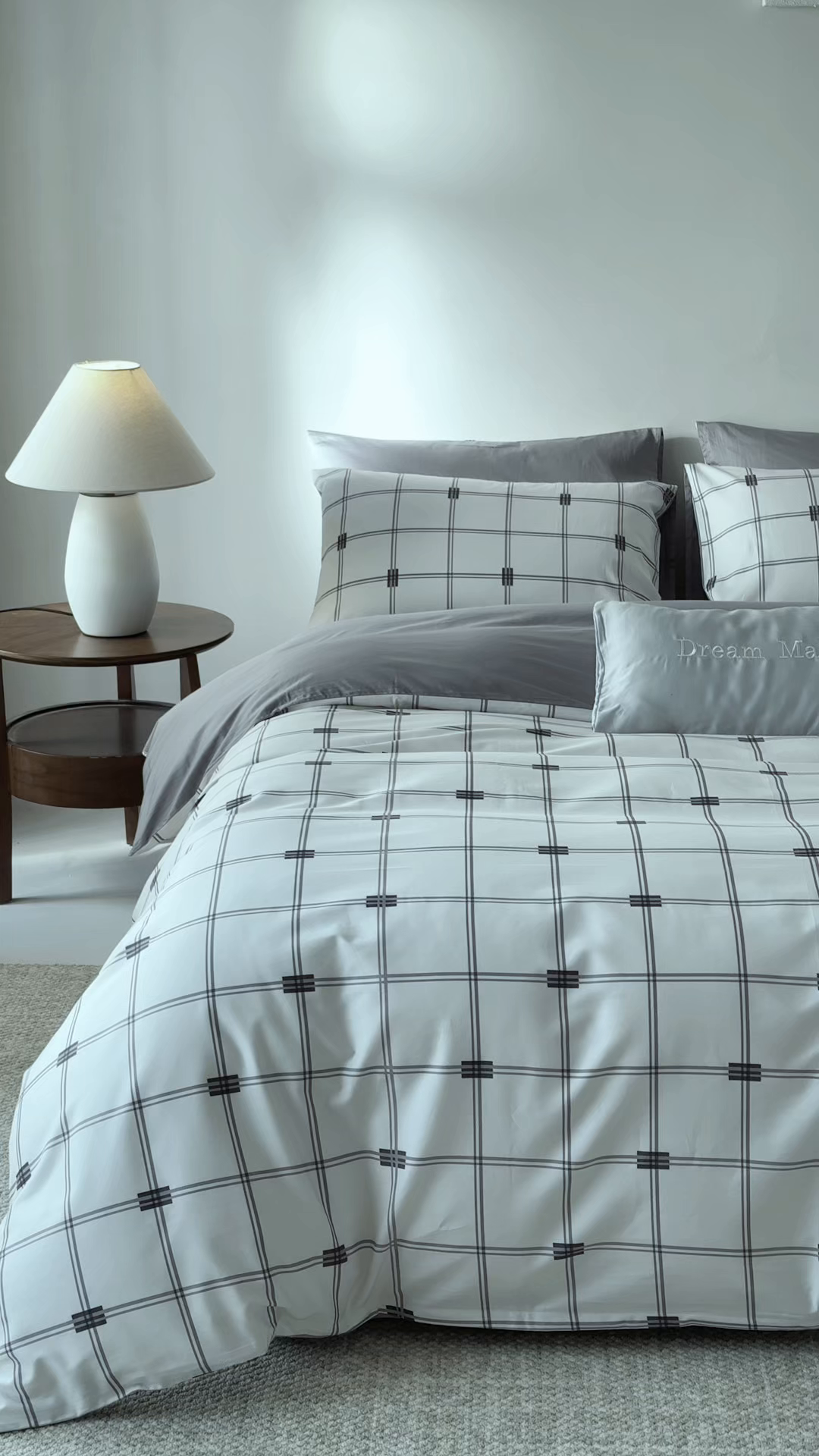 91家纺网 家纺一手货源 找家纺 （总）ONE TWO ONE 121 2026新款专版数码印花100s长绒棉纯棉全棉床上用品四件套-罗曼格纹灰