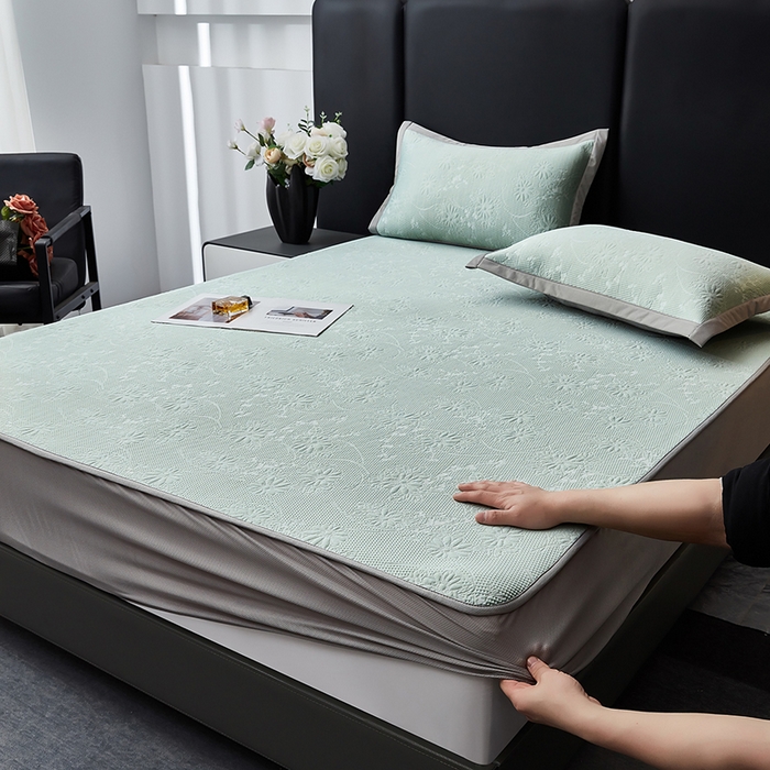 91家纺网 家纺一手货源 找家纺 （总）库里梦家纺 2026新款轻奢高克重复合PE高分子凉席床笠三件套-素瑾