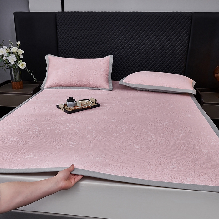 库里梦家纺 2026新款轻奢高克重复合PE高分子凉席床笠三件套-素瑾 素瑾-粉色床席款