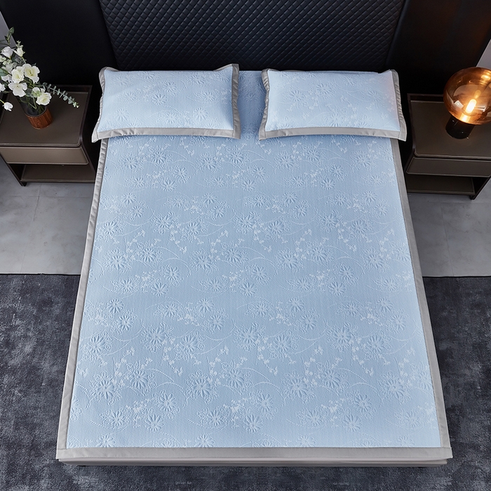 91家纺网 家纺一手货源 找家纺 库里梦家纺 2026新款轻奢高克重复合PE高分子凉席床笠三件套-素瑾 素瑾-蓝色床席款