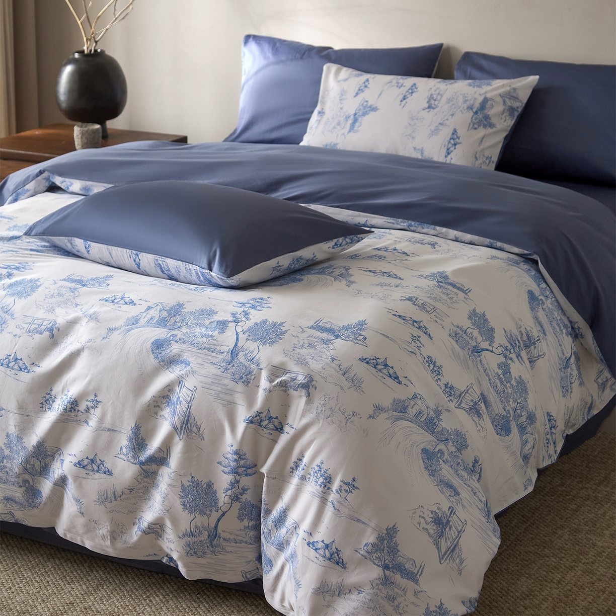 91家纺网 家纺一手货源 找家纺 （总）ONE TWO ONE 121 2026新款专版数码印花100s长绒棉纯棉全棉床上用品四件套-林明幽谷