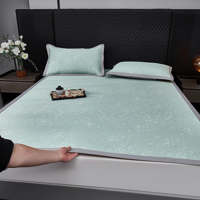 库里梦家纺 2026新款轻奢高克重复合PE高分子凉席床笠三件套-素瑾 素瑾-绿色床席款