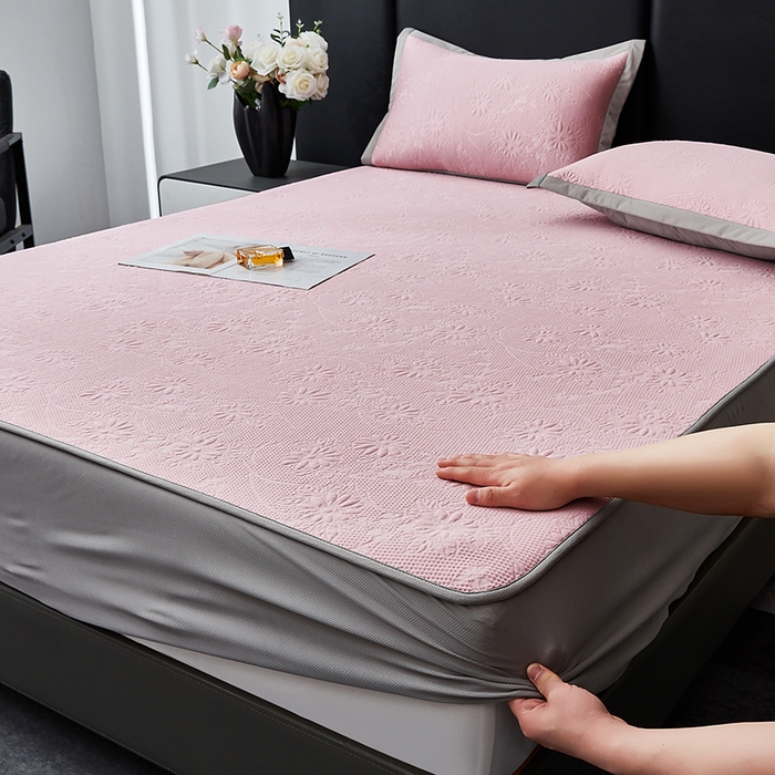 库里梦家纺 2026新款轻奢高克重复合PE高分子凉席床笠三件套-素瑾 素瑾-粉色床笠款