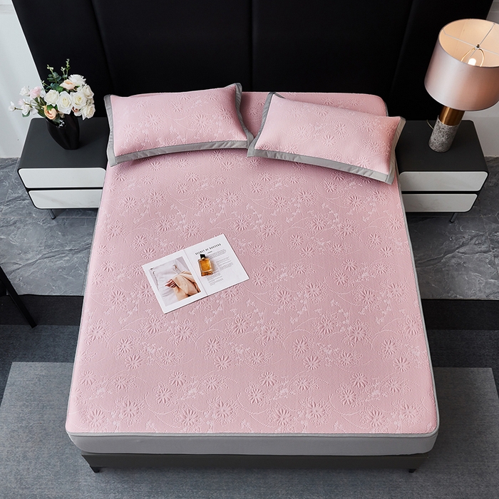 91家纺网 家纺一手货源 找家纺 库里梦家纺 2026新款轻奢高克重复合PE高分子凉席床笠三件套-素瑾 素瑾-粉色床笠款