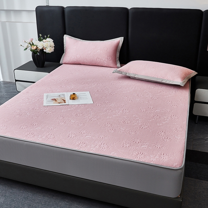 91家纺网 家纺一手货源 找家纺 库里梦家纺 2026新款轻奢高克重复合PE高分子凉席床笠三件套-素瑾 素瑾-粉色床笠款