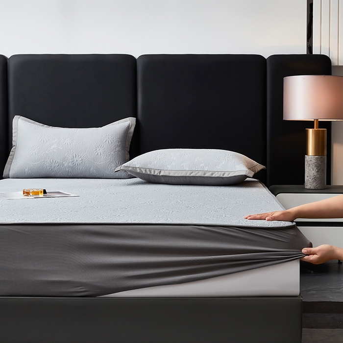 91家纺网 家纺一手货源 找家纺 库里梦家纺 2026新款轻奢高克重复合PE高分子凉席床笠三件套-素瑾 素瑾-灰色床笠款