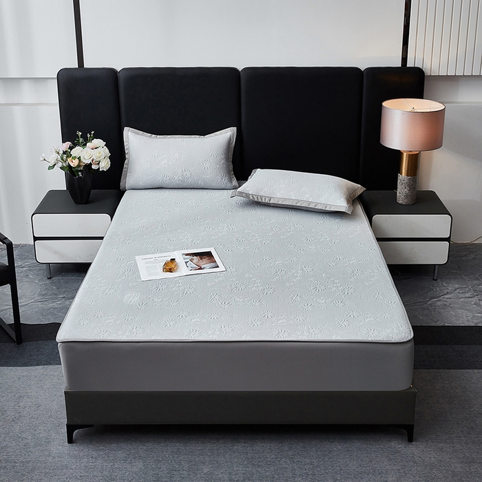 91家纺网 家纺一手货源 找家纺 库里梦家纺 2026新款轻奢高克重复合PE高分子凉席床笠三件套-素瑾 素瑾-灰色床笠款