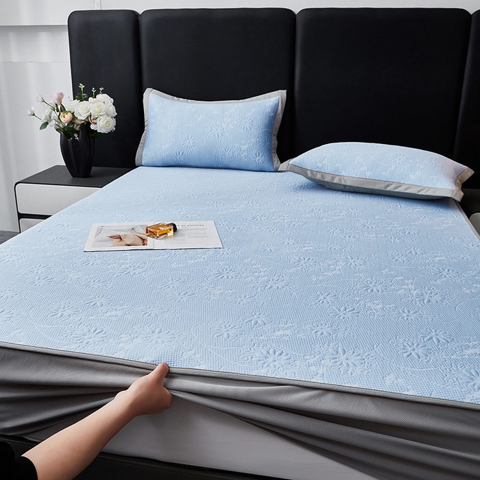 91家纺网 家纺一手货源 找家纺 库里梦家纺 2026新款轻奢高克重复合PE高分子凉席床笠三件套-素瑾 素瑾-蓝色床笠款