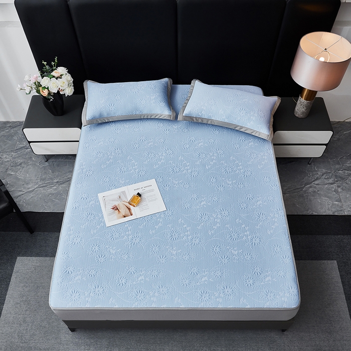 91家纺网 家纺一手货源 找家纺 库里梦家纺 2026新款轻奢高克重复合PE高分子凉席床笠三件套-素瑾 素瑾-蓝色床笠款