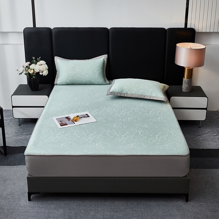 91家纺网 家纺一手货源 找家纺 库里梦家纺 2026新款轻奢高克重复合PE高分子凉席床笠三件套-素瑾 素瑾-绿色床笠款