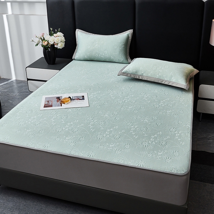 91家纺网 家纺一手货源 找家纺 库里梦家纺 2026新款轻奢高克重复合PE高分子凉席床笠三件套-素瑾 素瑾-绿色床笠款