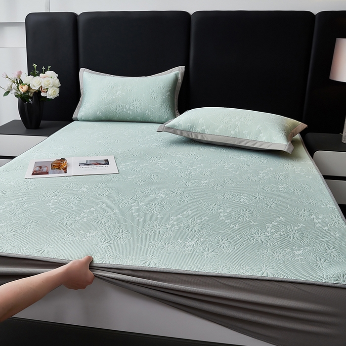 91家纺网 家纺一手货源 找家纺 库里梦家纺 2026新款轻奢高克重复合PE高分子凉席床笠三件套-素瑾 素瑾-绿色床笠款